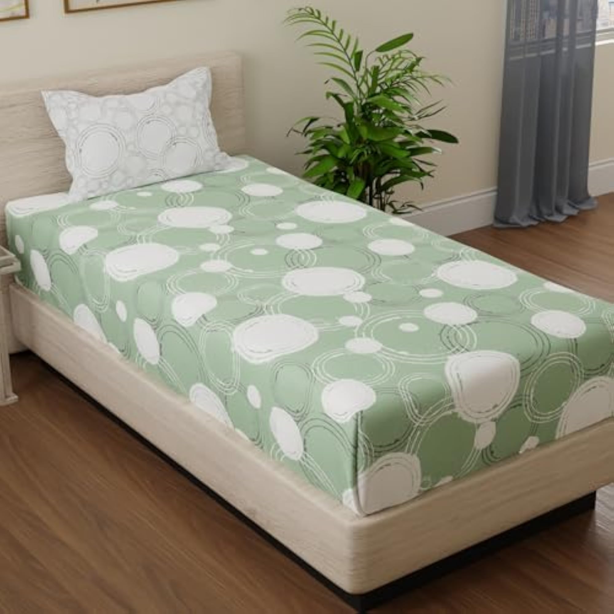 Cotton Single Bedsheet with 1 Pillow Cover, Green & Off White
